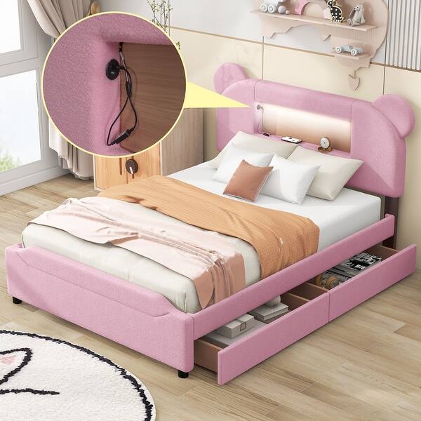 slide 2 of 16, Playful Full Bed with LED Upholstered Cartoon Ears Headboard, USB, and Storage Drawers Pink