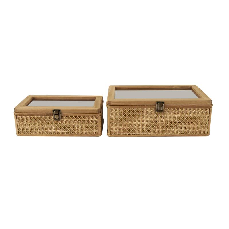 Rattan Handmade Woven Rattan Box with Glass Tops and Bronze Latches - Set of 2 Brown - Roche River Decor - Brown - 15", 12"W