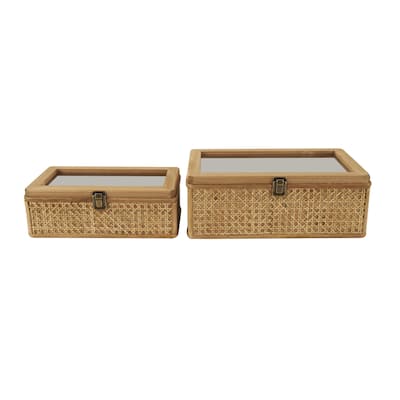 Rattan Handmade Woven Rattan Box with Glass Tops and Bronze Latches - Set of 2 Brown - Roche River Decor