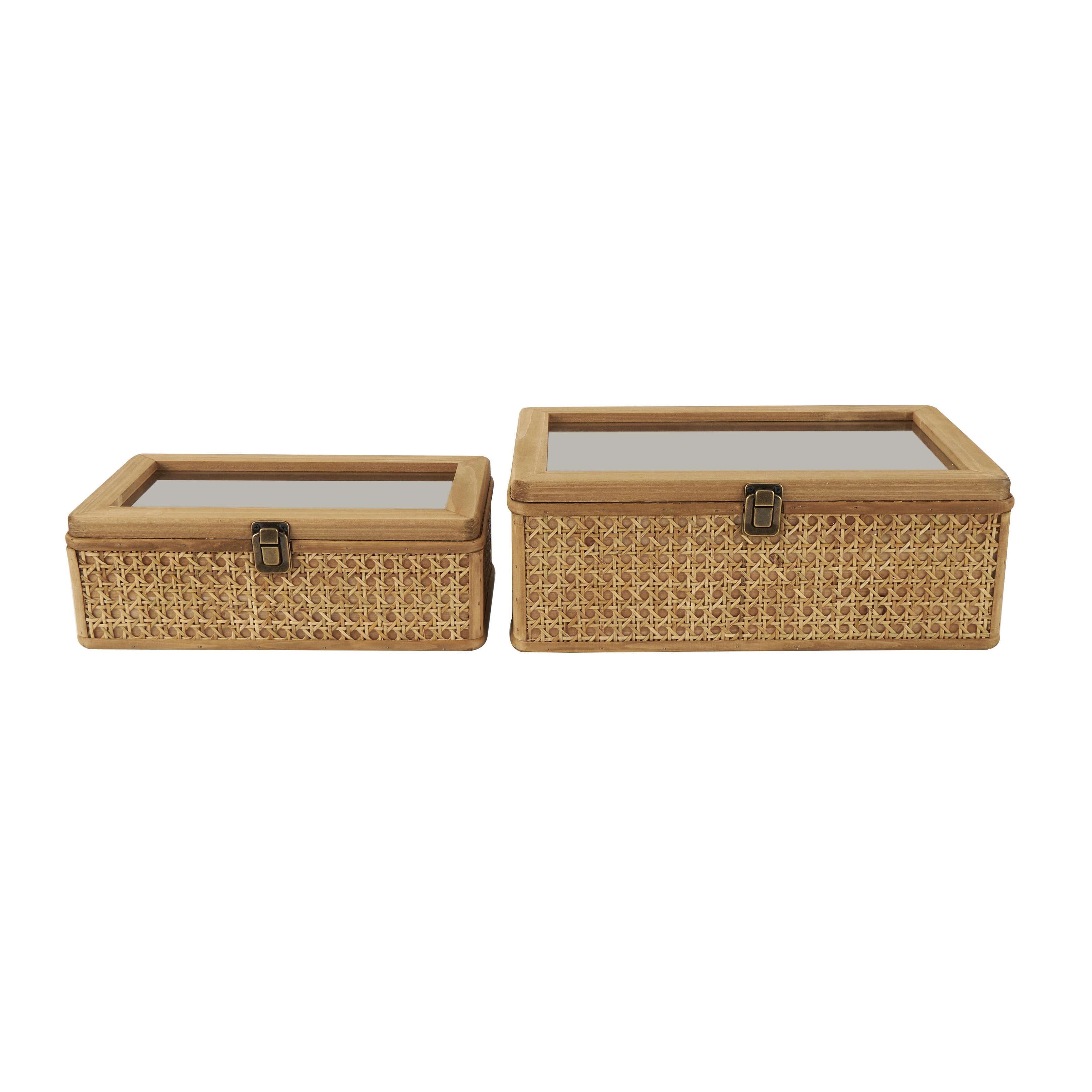 Roche River Decor - Rattan Handmade Woven Rattan Box with Glass Tops and Bronze Latches - Set of 2 Brown