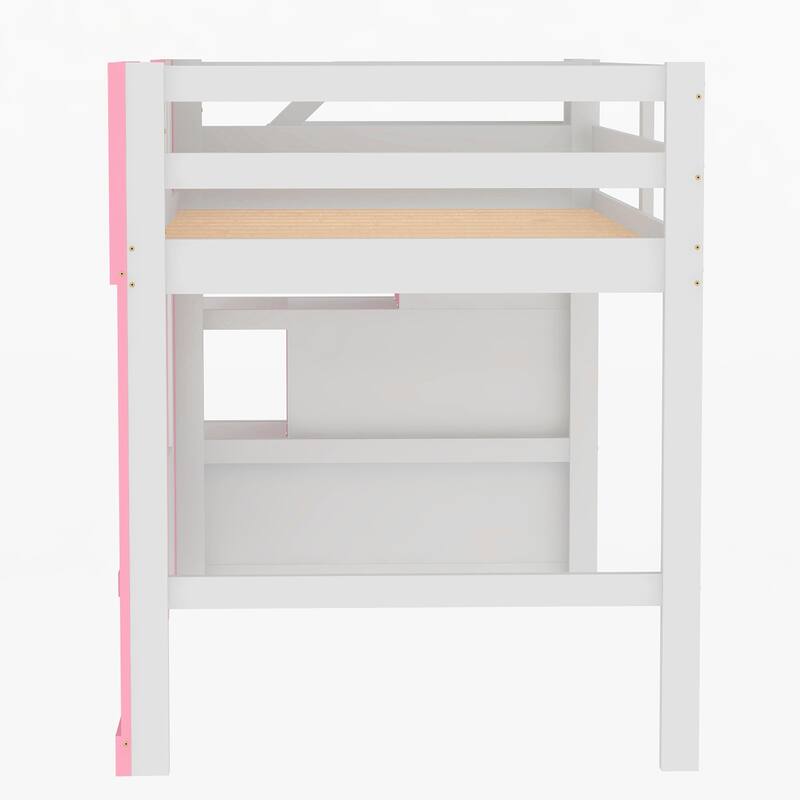 Pink Twin Size Loft Bed with Storage Staircase and Window