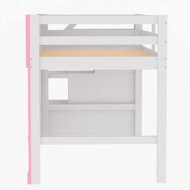 Twin Size Loft Bed with Storage Staircase and Window, Wood Twin Loft Bunk Bedframe w/Full-Length Guardrail, No Box Spring Needed