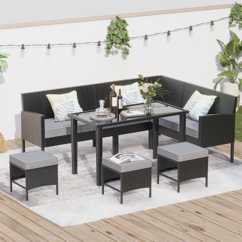 7-Piece Small Space Patio Outdoor Furniture Set w/Waterproof Cushions & Glass Table,for Backyard/Garden/Terrace - Grey