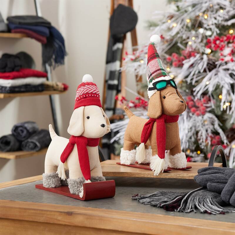 Polyester Plush Dog Figurines on Sled and Skis Set of 2 - 13” x 5” x 16.5” (L x W x H)