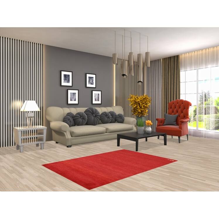 Modern Red Gabbeh Oriental Foyer Rug Hand-Knotted Wool Carpet - 3'4"x 4'10"