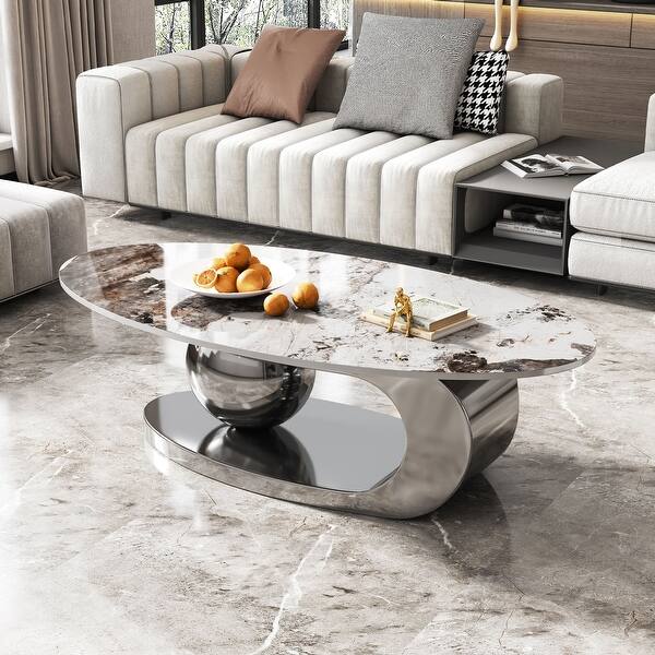 Oval Faux Marble Coffee Table For Living Room With Stainless Steel Base ...