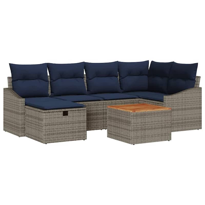 vidaXL 7 Garden Sofa Set with Cushions Black/Grey Poly Rattan - 91.9 x 48.6 x 27.2