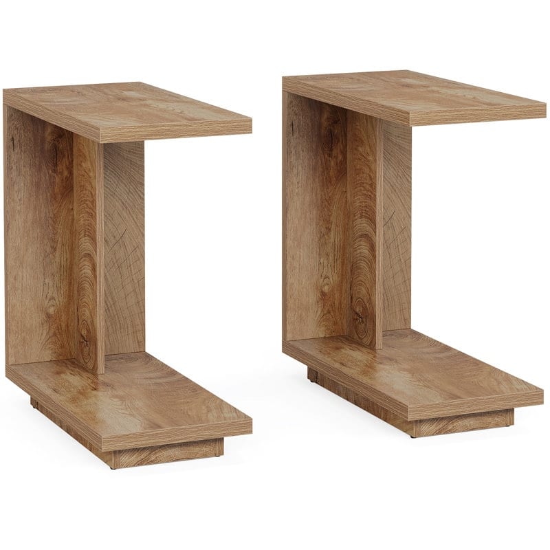 C-shaped Side Table Set Of 2, 2-tier Narrow End Table Wood Nightstand