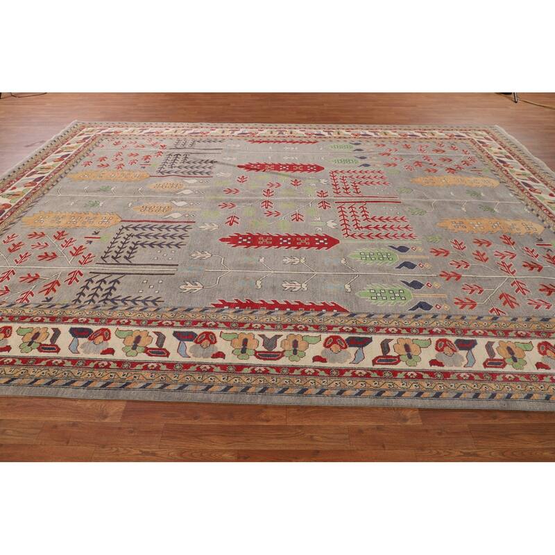 Grey Traditional Kazak Rug Hand-Knotted Wool Carpet - 9'7" x 13'2"