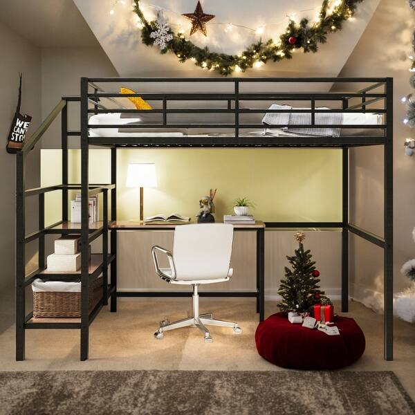 slide 2 of 11, Modern Full Size Loft Bed with Desk and Lateral Storage Ladder,Solid Construction for Bedroom Black