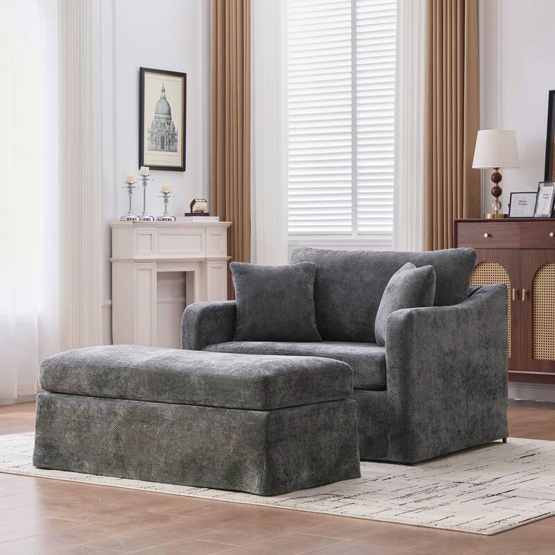 Modern Upholstered Farmhouse Performance Accent Chair with Ottoman