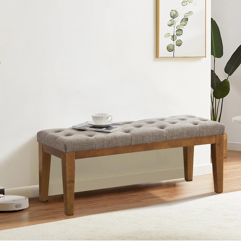 Button-Tufted Bench for End of Bed, Entryway Bench Beige/ Black/ Brown Solid Wood, Leather, Fabric 44-inch