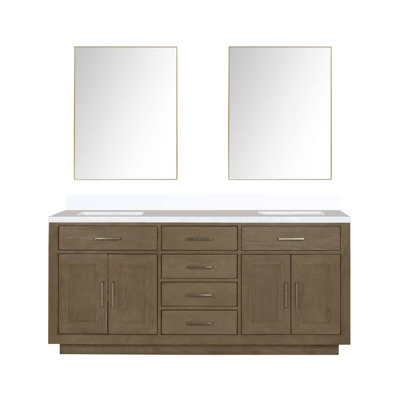 Abbey 60 in W x 22 in D Black Oak Double Bath Vanity, White Quartz Top, and 28 in Mirrors