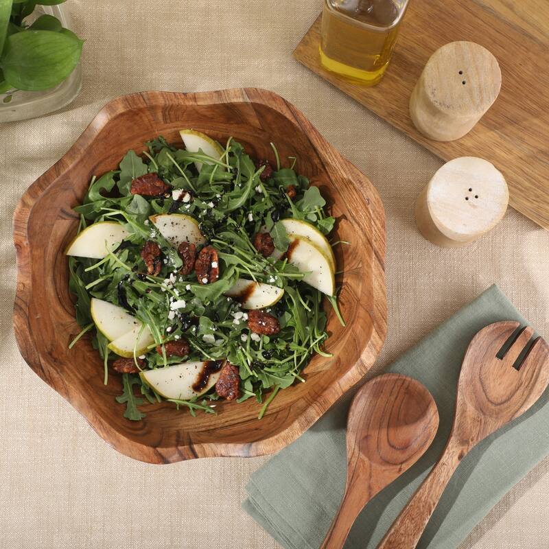 Gibson Home Sandhurst 3-Piece Acacia Wood Salad Bowl Set - 12-Inch Scalloped Serving Bowl with Wooden Salad Servers