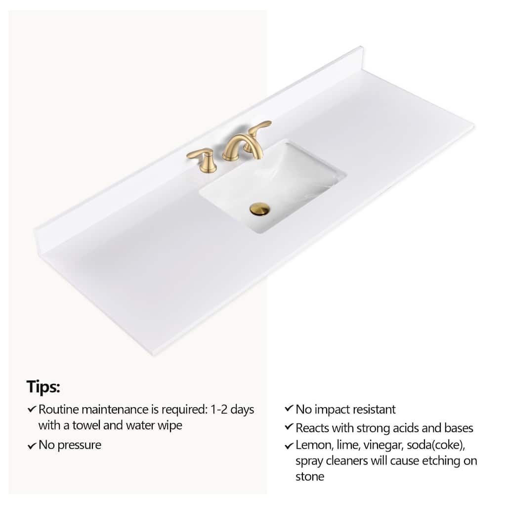 PROOX 60 inch Culture Marble Bath Solid White Vanity top with Single Rectangular Sink