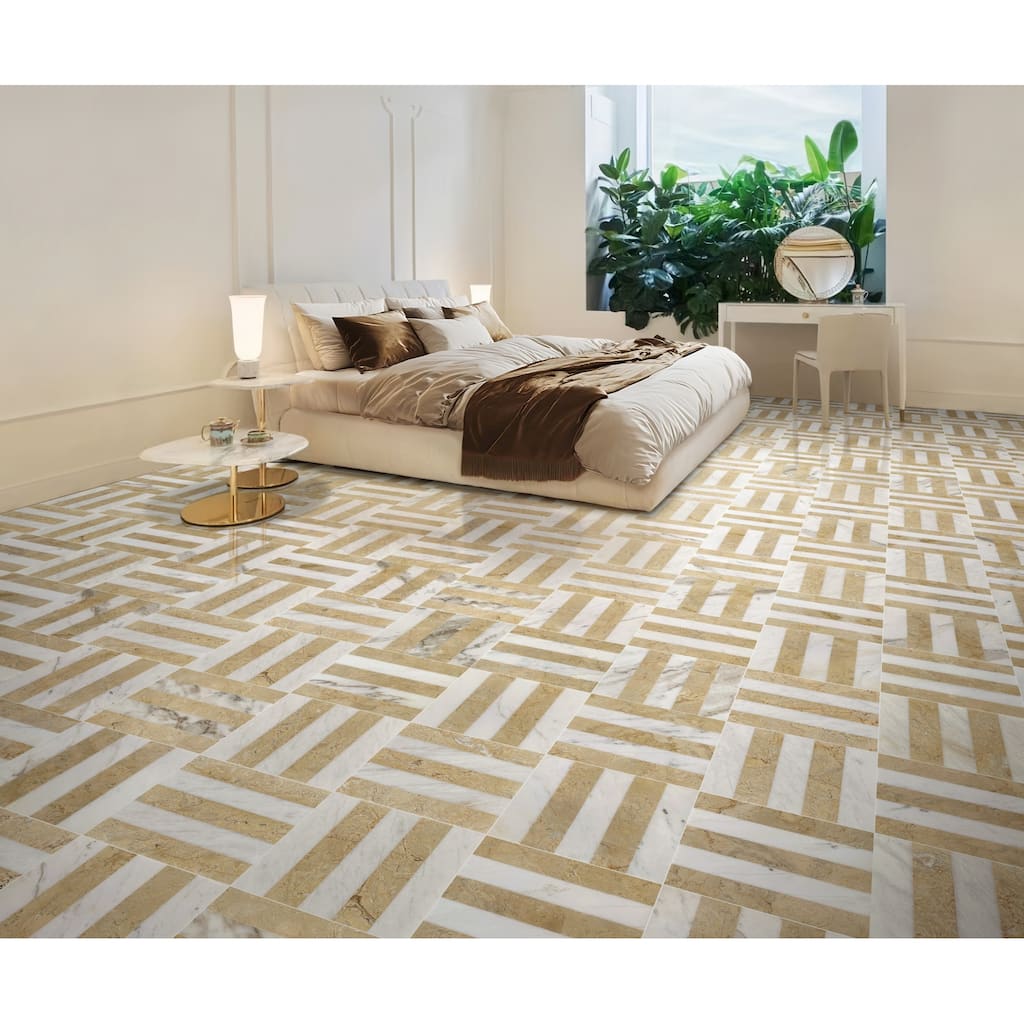 Roomfitters Waterjet Marble Tile for Floor and Wall, Polished Natural Stone, Genuine Marble, 4-Piece Boxe, White Gold