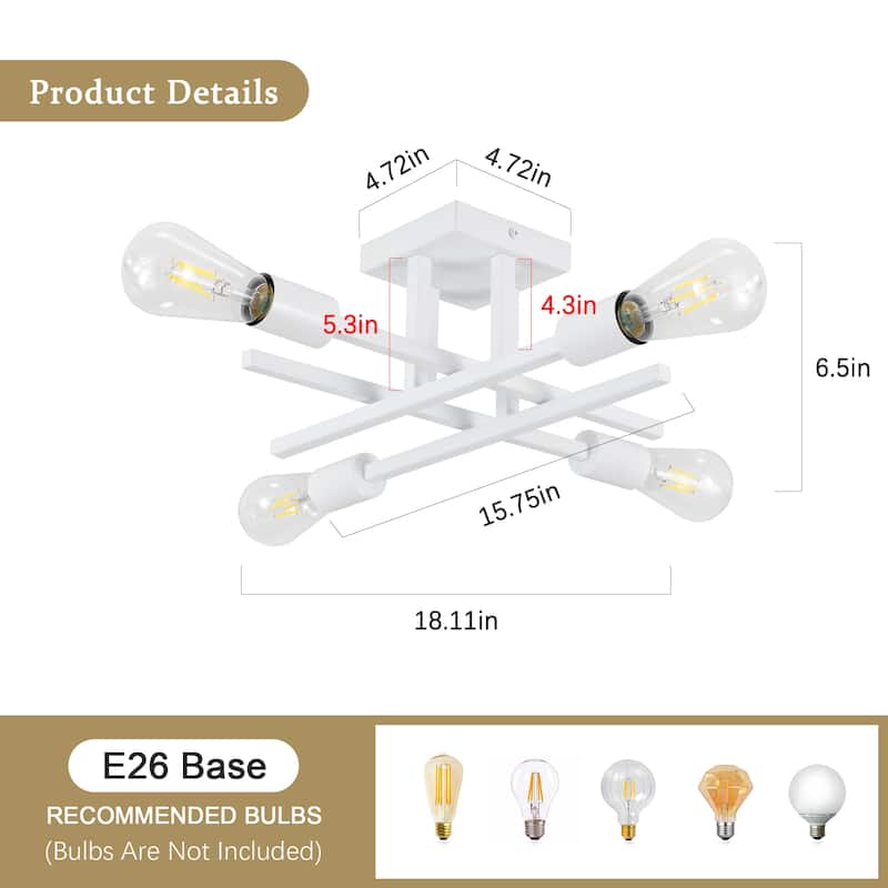 4-Light Modern Semi-Flush Mount Light for Kitchen Bedroom Living Room