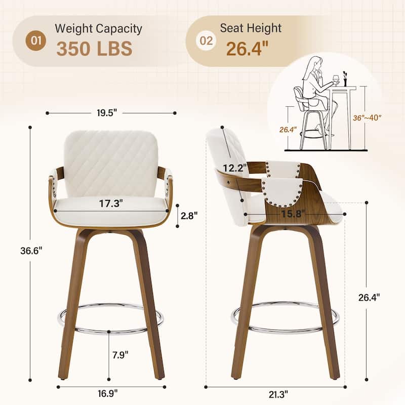 26-Inch Upholstered Swivel Counter Height Bar Stool with Armrests - 36.6"H x19.5"W x 21.3"D