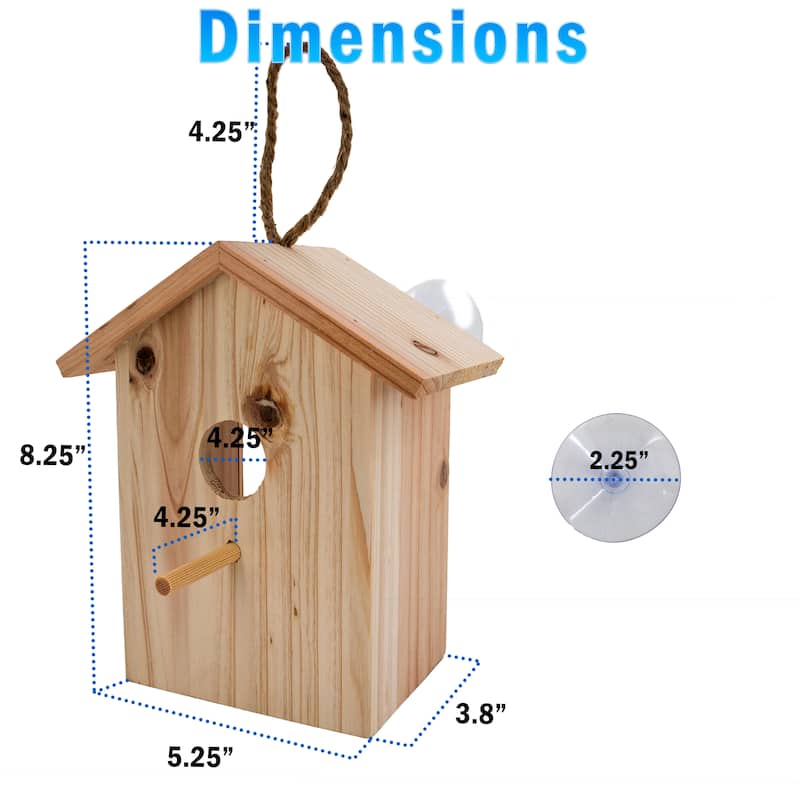 See Through Wooden Window Bird house w/ Large Suction Cups, Hanging Lanyard Rope Birdhouse - regular
