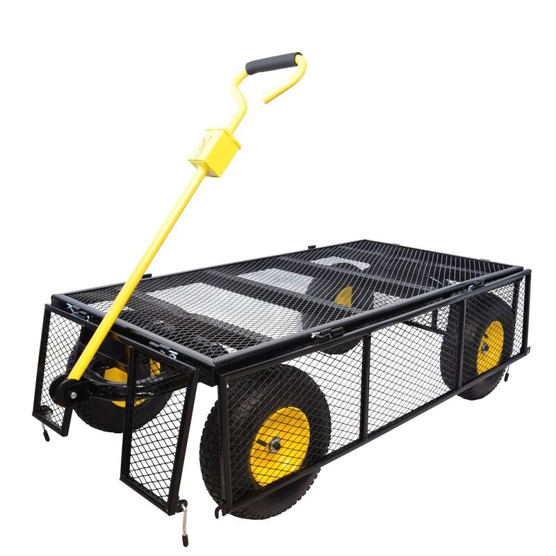 Large multifunctional cart with 880 lbs capacity and pneumatic tires, suitable for farms and lawns.