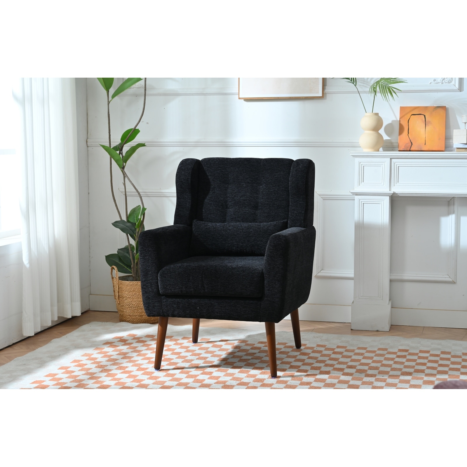 Mid-Century Chenille Accent Chair with Throw Pillow and Solid Wood Legs