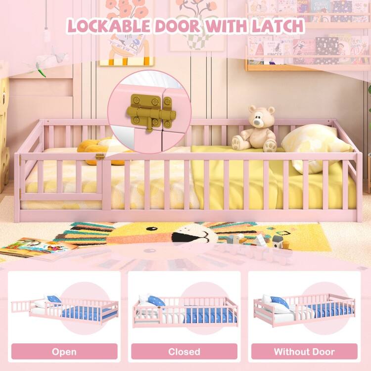 Twin Size Kids Wood Montessori Floor Bed with Door and Fence