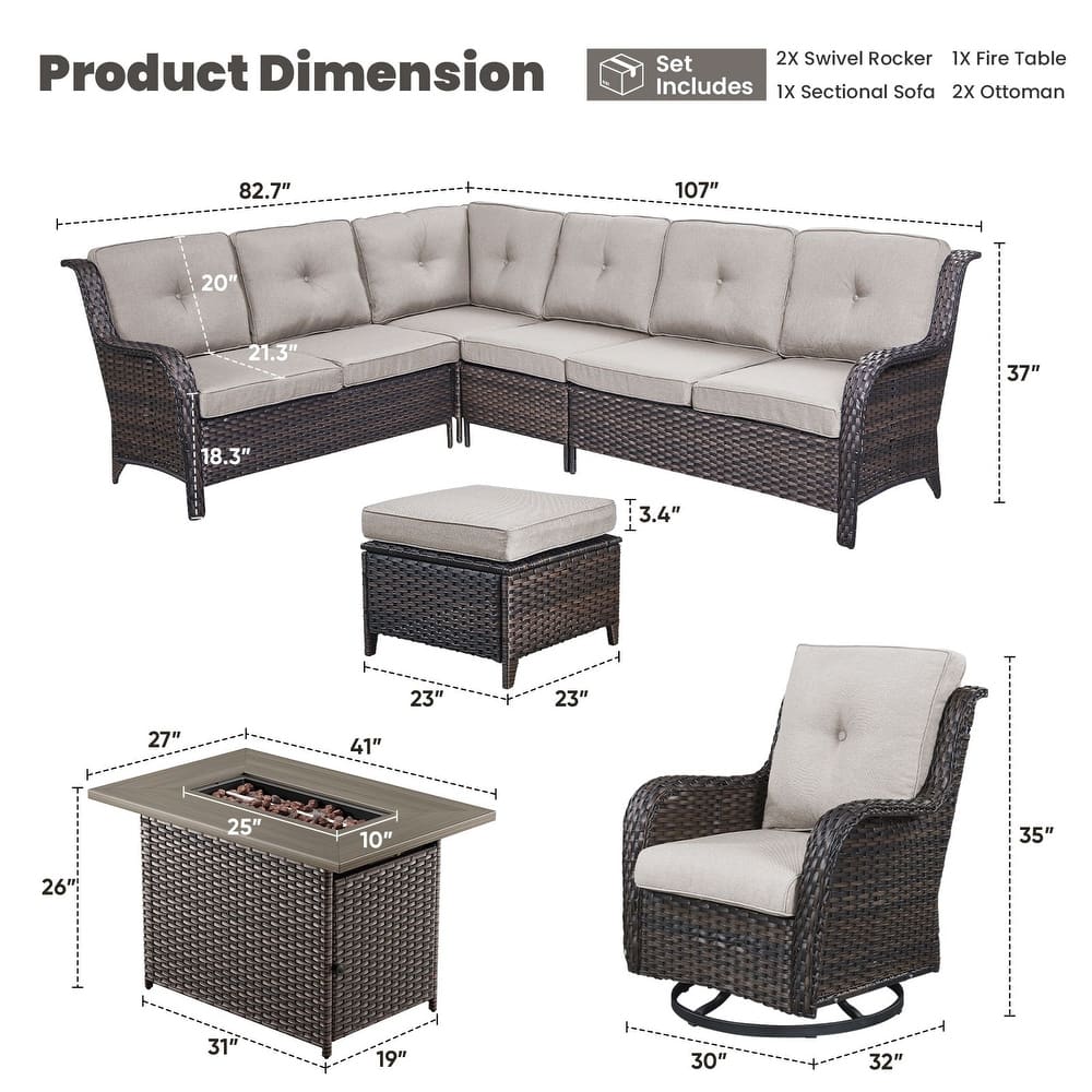 Gymojoy 6-Piece Outdoor Wicker Patio Furniture with Fire Pit and L-shaped Sectional Sofa, Coversation Set with Thick Cushions