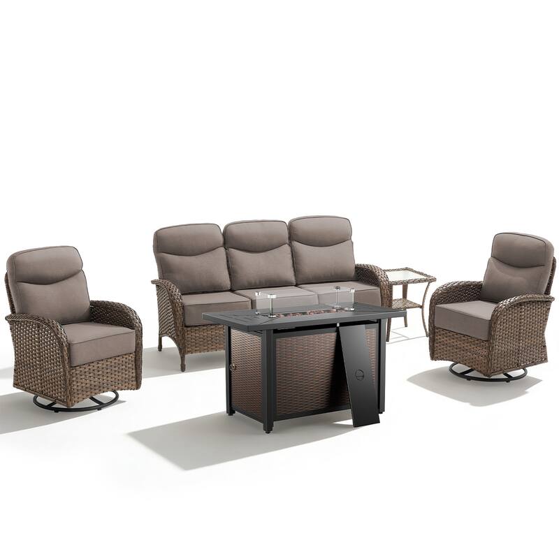 Luna 5-Piece Wicker Outdoor Patio Fire Pit Sofa Set with 6-Inch Thick Cushions