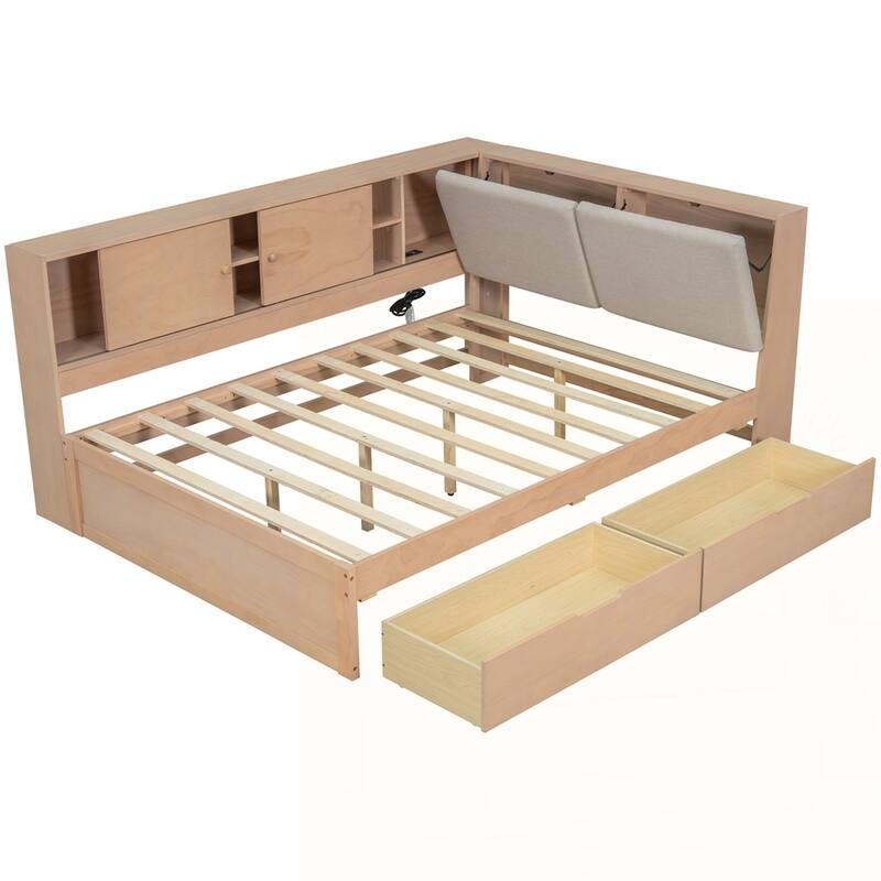 L-shaped Daybed Corner Bed with Storage Bookcase and USB Charging Ports