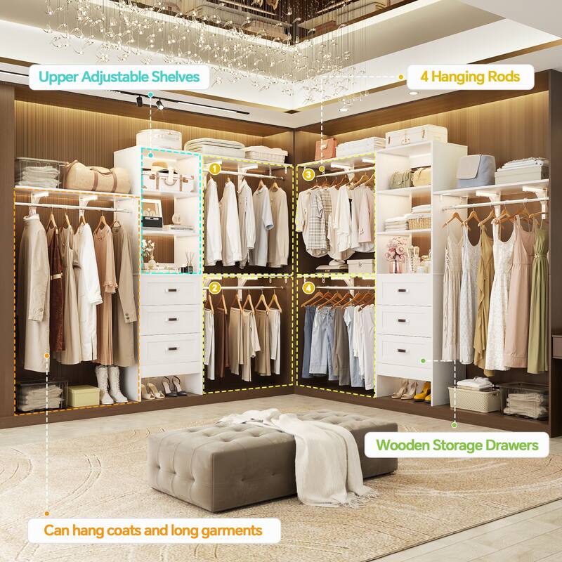 96'' Adjustable Closet Organizer with Drawers, Closet System with Hanging Rods and Storage Shelves