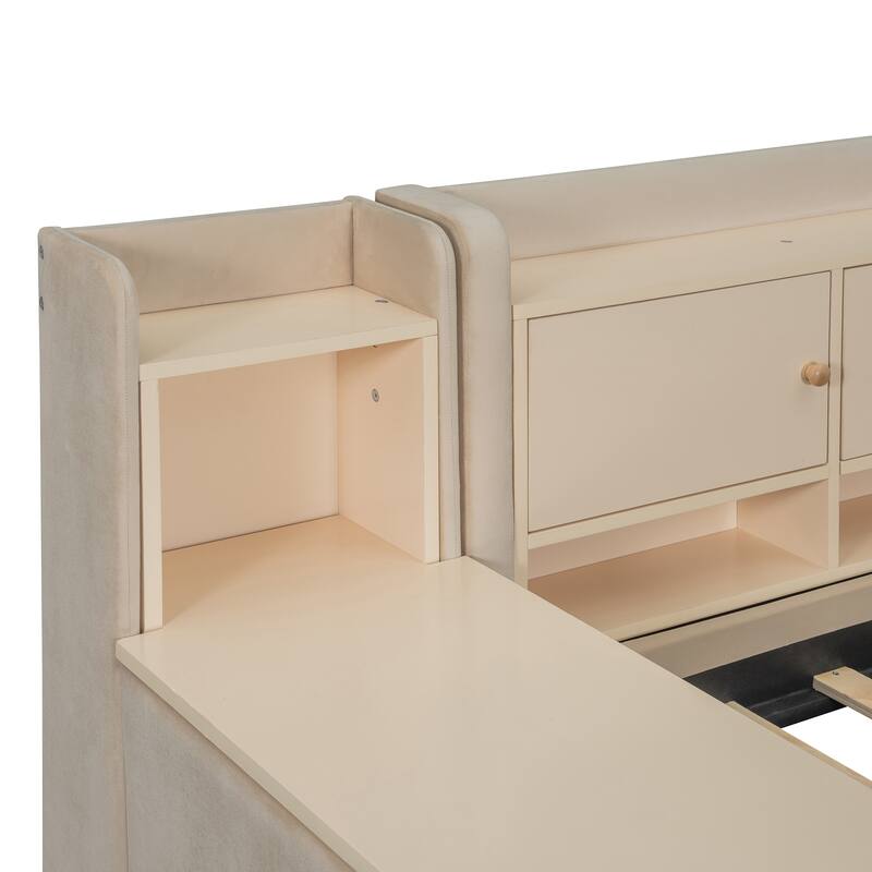 Twin Size Upholstered Daybed with Built In Desk, Velvet Fabric Storage Sofa Bed Frame with 2 Drawers, Shelves and Flip Cabinets