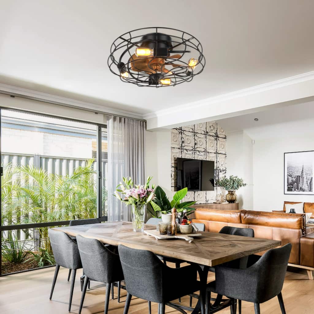 Industrial Style 20 Inch Led Ceiling Fan With Matte Black 6 Speed Wind E26 Remote Control Reversible DC Motor For Bedroom