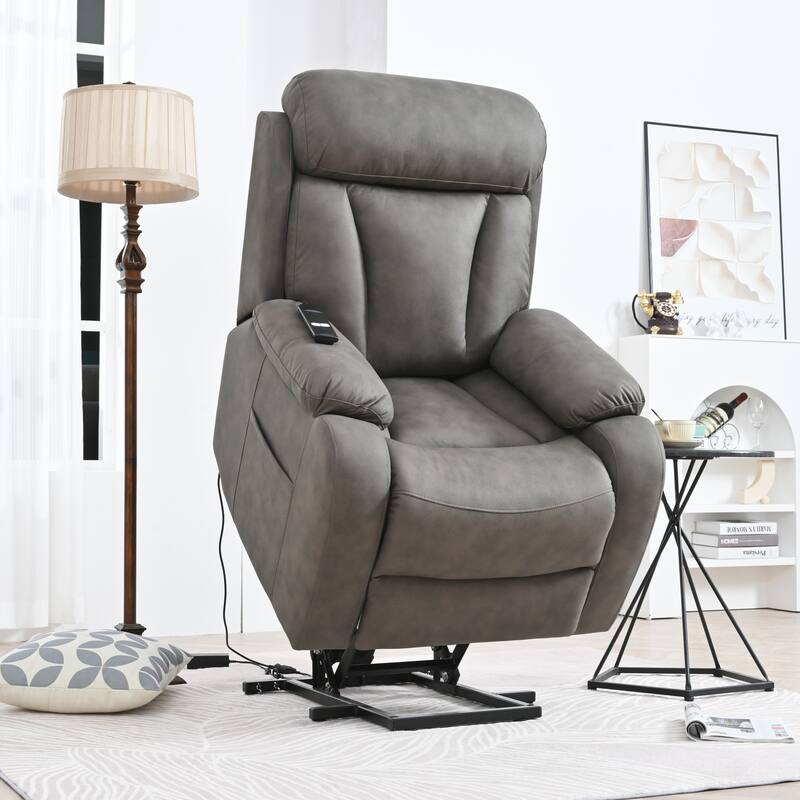 Grey Fabric Power Lift Recliner Chair for Elderly, with Remote Control, Overstuffed Cushion, Side Pocket, and Heavy-Duty Frame