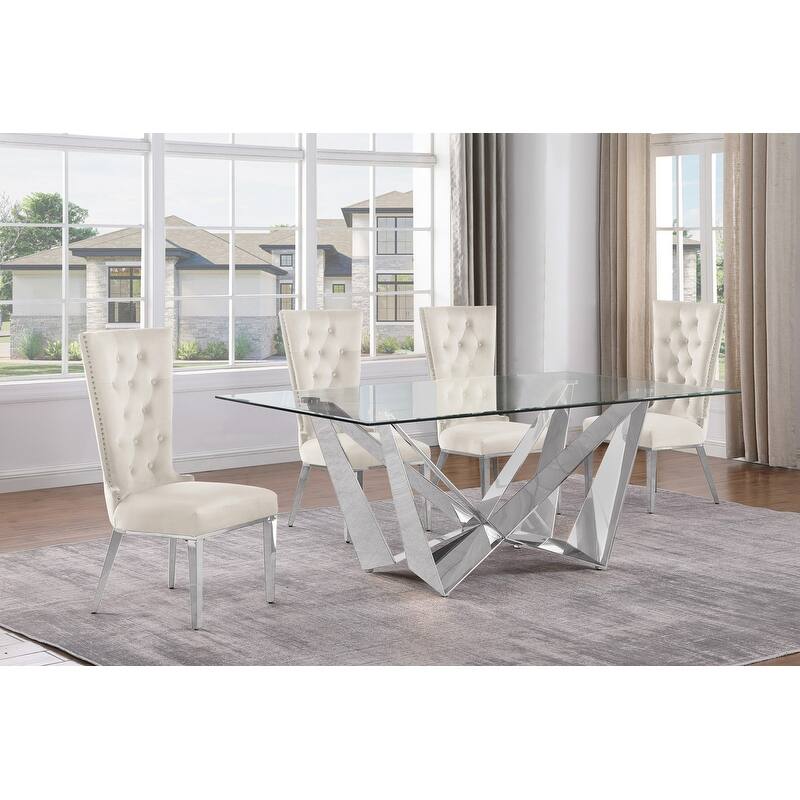 Best Quality Furniture D400/1-SC330-7 Dining Set with 78" 12mm Glass with Bevel - 5-Piece - Cream / Silver