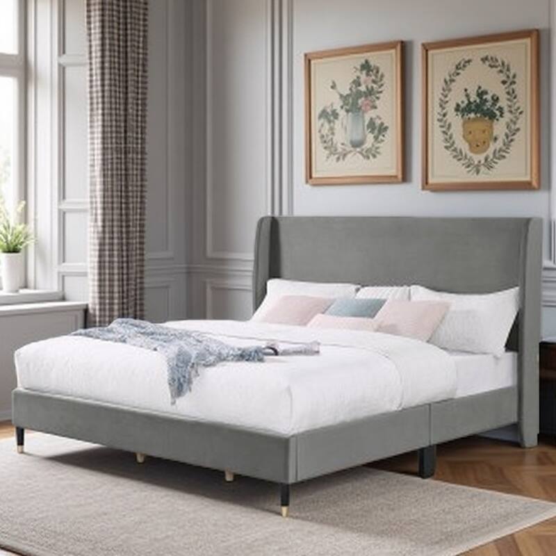 Queen Upholstered Platform Bed in Velvet with Wingback Headboard and Gold-Tipped Legs, Modern Low-Profile Design - King Gray - King