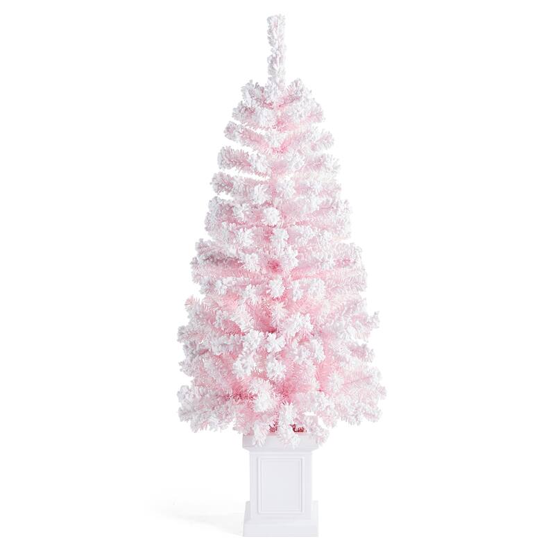 Glitzhome 4ft/5ft Pre-Lit Flocked Pink Artificial Christmas Porch Tree with Foot Pedal LED Lights