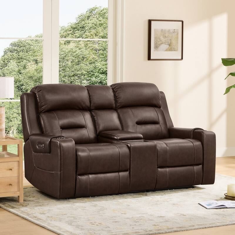 Spruce & Spring Genuine Leather Power Reclining Sofa with Wireless Charging