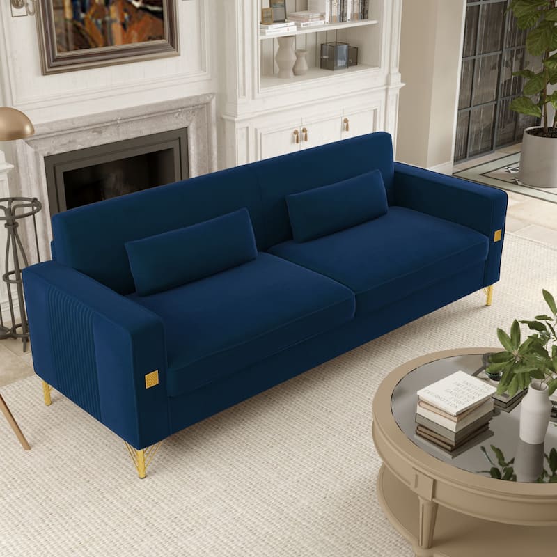 Retro Blue Velvet 3-seater Sofa with Gold Accents