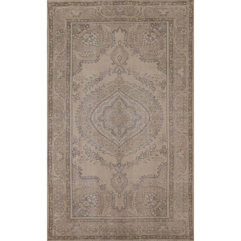 Beige Distressed Tabriz Persian Vintage Area Rug Handmade Wool Carpet - 6'3" x 9'8"