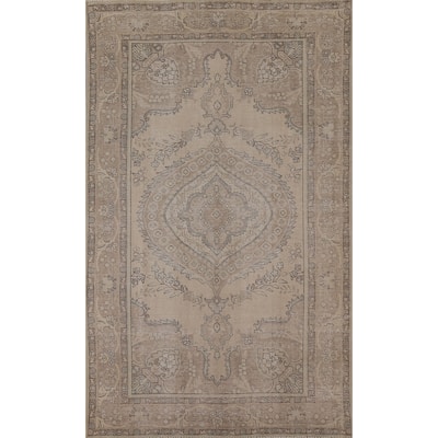 Beige Distressed Tabriz Persian Vintage Area Rug Handmade Wool Carpet - 6'3" x 9'8"
