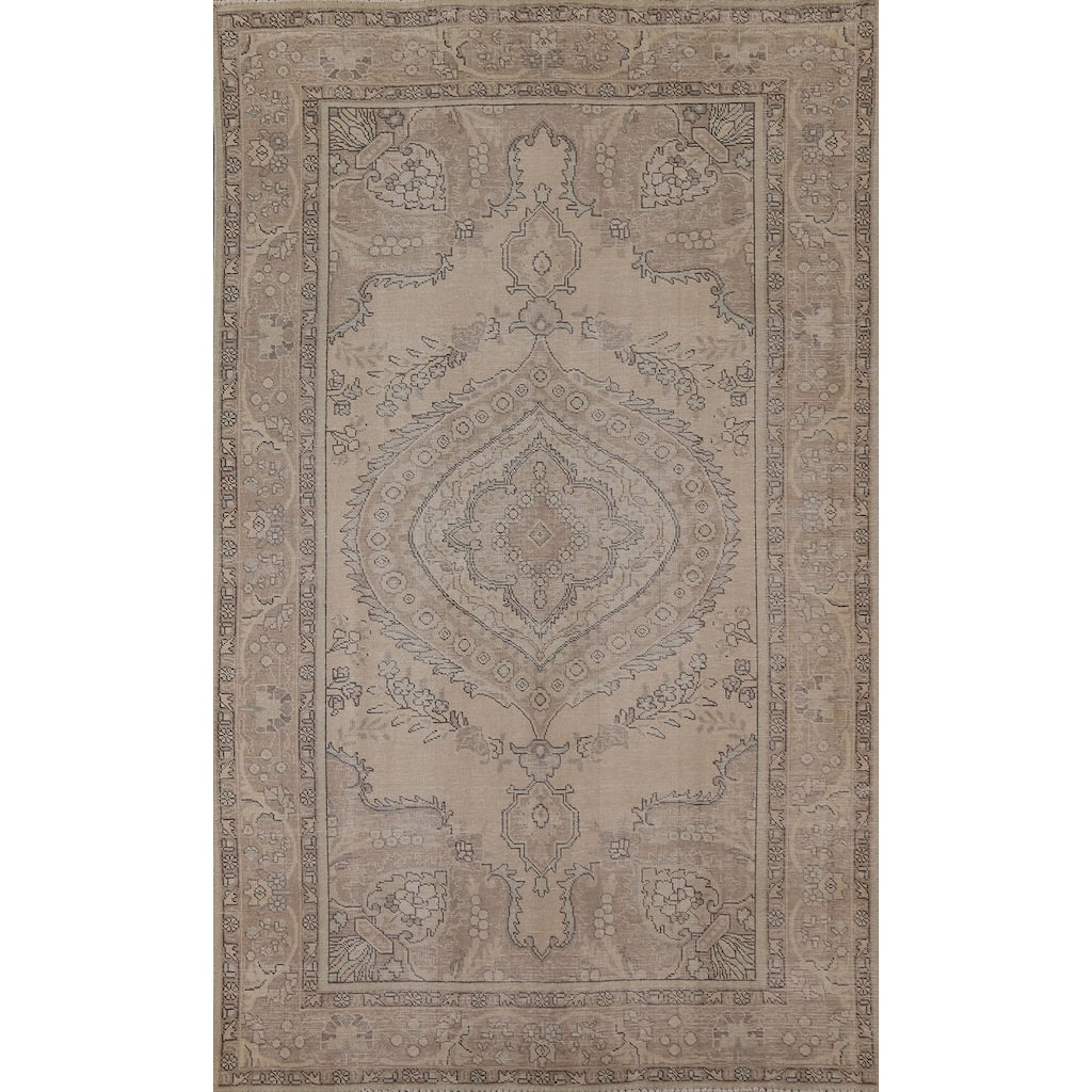Beige Distressed Tabriz Persian Vintage Area Rug Handmade Wool Carpet - 6'3" x 9'8"