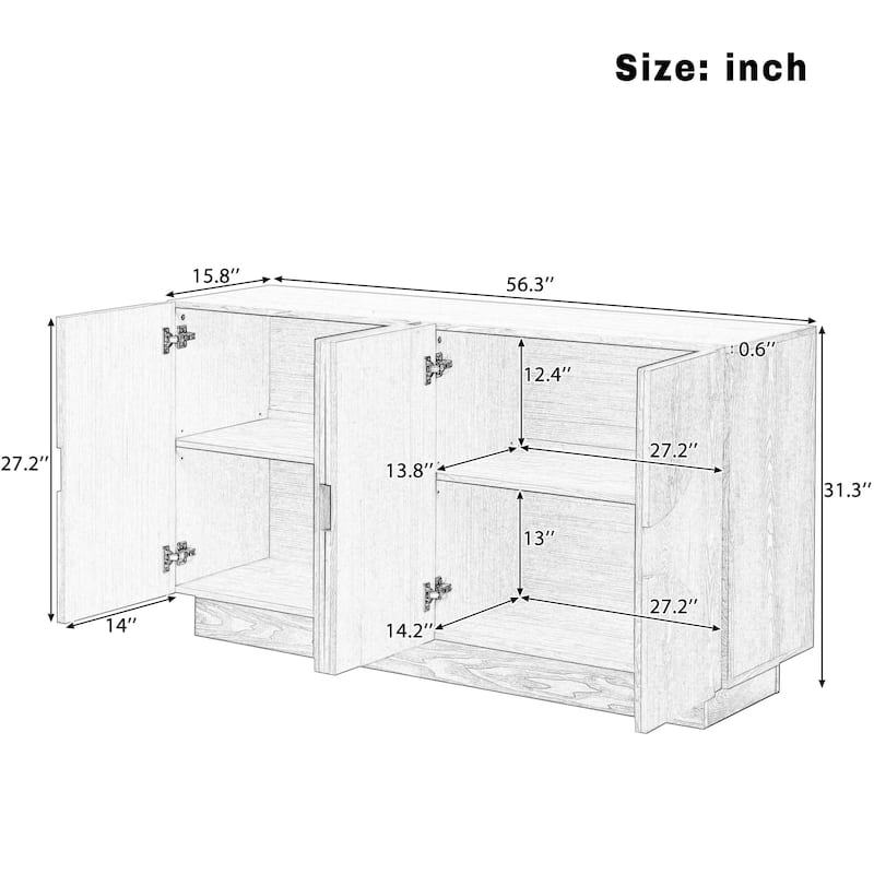 56" 4-Door Wood Sideboard Cabinet with Adjustable Shelves and Semi-Circular Handles, Buffet Storage Console