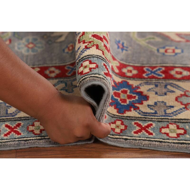 Gray Geometric Kazak Area Rug Hand-Knotted Wool Carpet - 5'2" x 6'7"