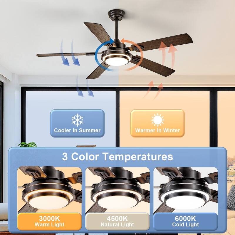 42-52Inch Ceiling Fan with Light: with 5 Blades Dual Finish Reversible - with Remote Control for Living Room Outdoor Patios