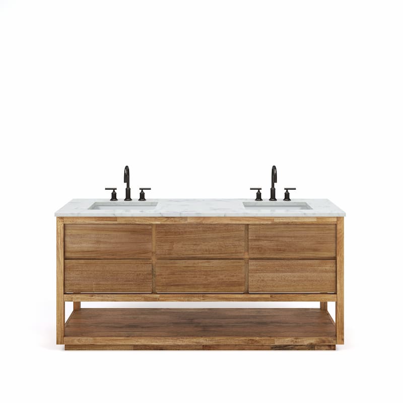 Oakman Mango Wood Carrara White Marble Countertop Bath Vanity with Faucet - 72" - Bronze Finish