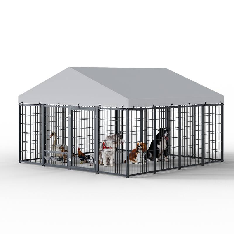 GDF Studio - Rockwell Extra Large Outdoor Dog Kennel with Roof Cover & Feeding System
