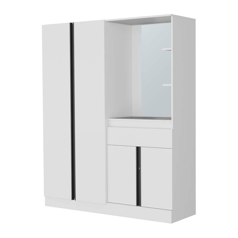 CaneMulti-Functional Wardrobe with Vanity Mirror and Storage, White