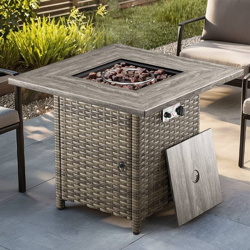 30 in. Square Brown Wicker and Metal Propane Gas Outdoor Fire Pit Table with Lava Rocks, 50000 BTU