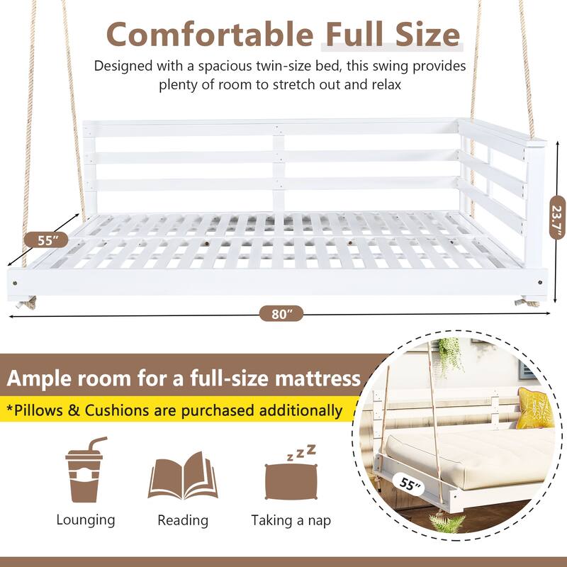 Acacia Wood Porch Swing Bed for Outdoor with Hemp Ropes - Full Size Hanging Bed, 350lbs Capacity, Open-Side Minimalist Design