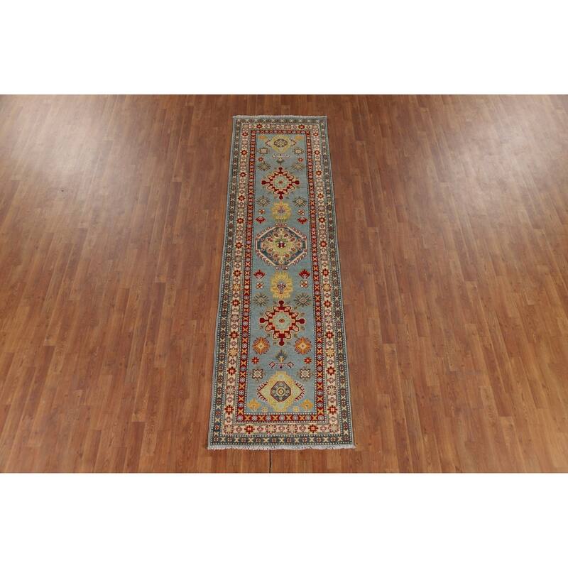 Light Blue Kazak Runner Rug Handmade Traditional Wool Carpet - 2'9" x 9'9"